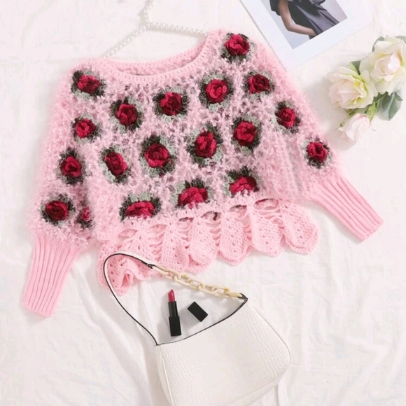 Tops - Super cute Rose Flower Fuzzy Knit Sweater